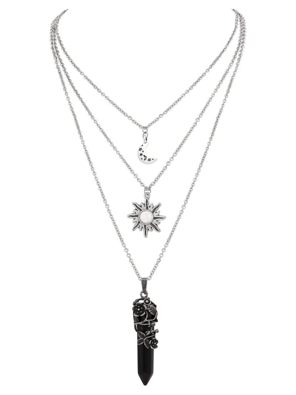 Gothic Layered Sun Moon Star Crystal Choker Necklace Set Zinc Alloy 3 Piece